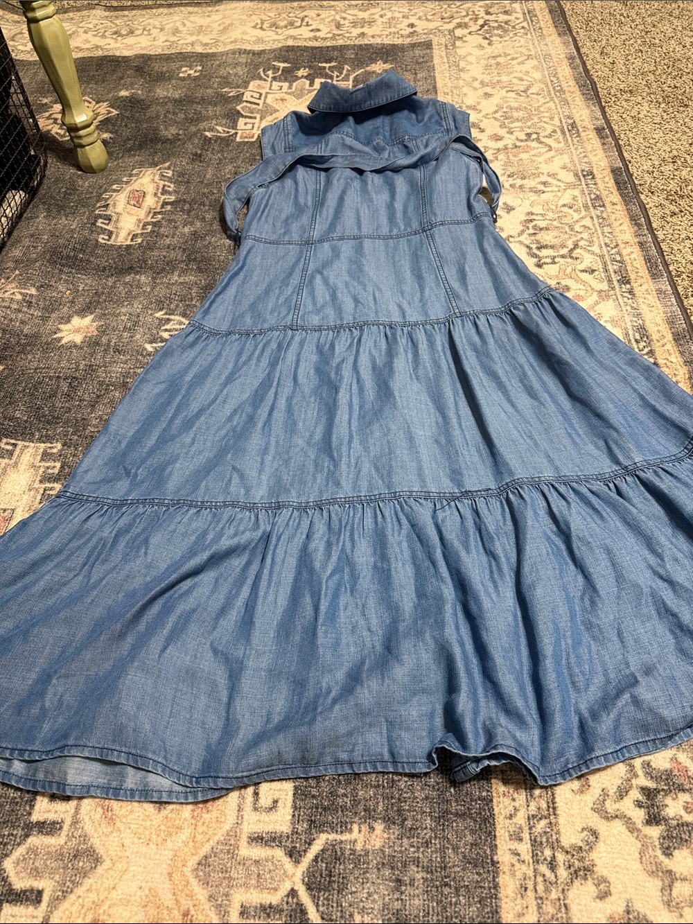 Sleeveless Denim Maxi Dress with Self-Tie Belt - Blue - Picture 5 of 5